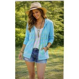 Weekends Chico's Medium Full Zip Light Jacket turquoise 3/4 sleeve athleisure